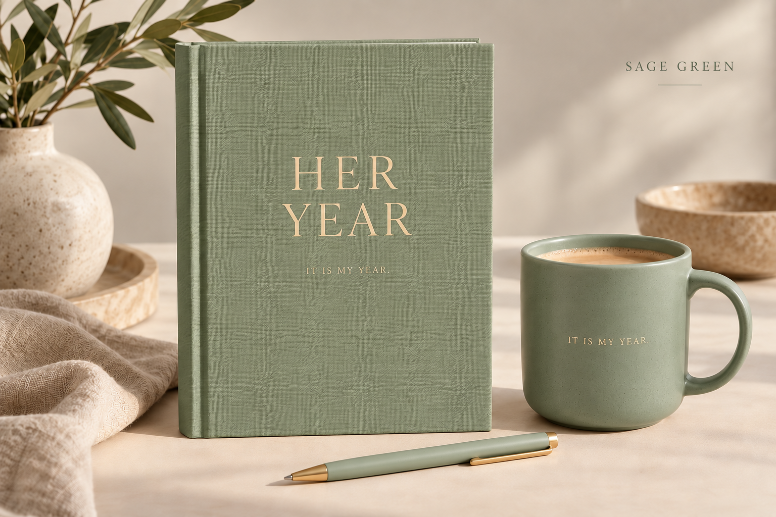 Her Year sage green diary concept with a matching It Is My Year mug and pen