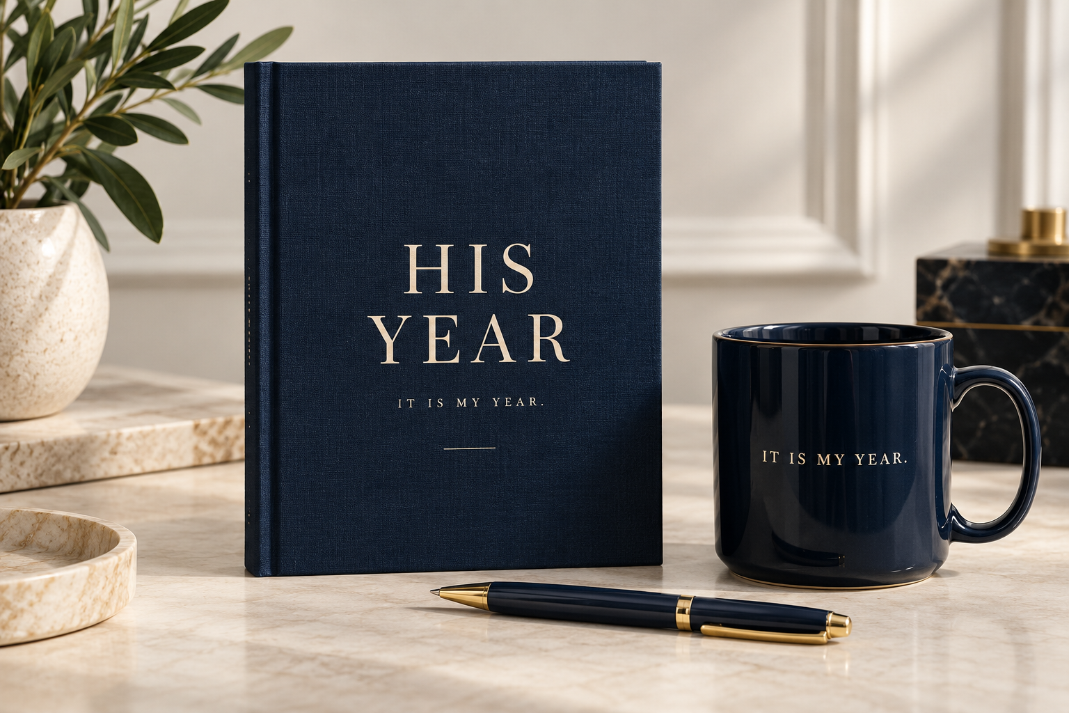 His Year navy diary concept with a matching It Is My Year mug and pen